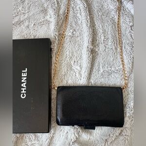 Chanel Black Leather Clutch with Gold Chain